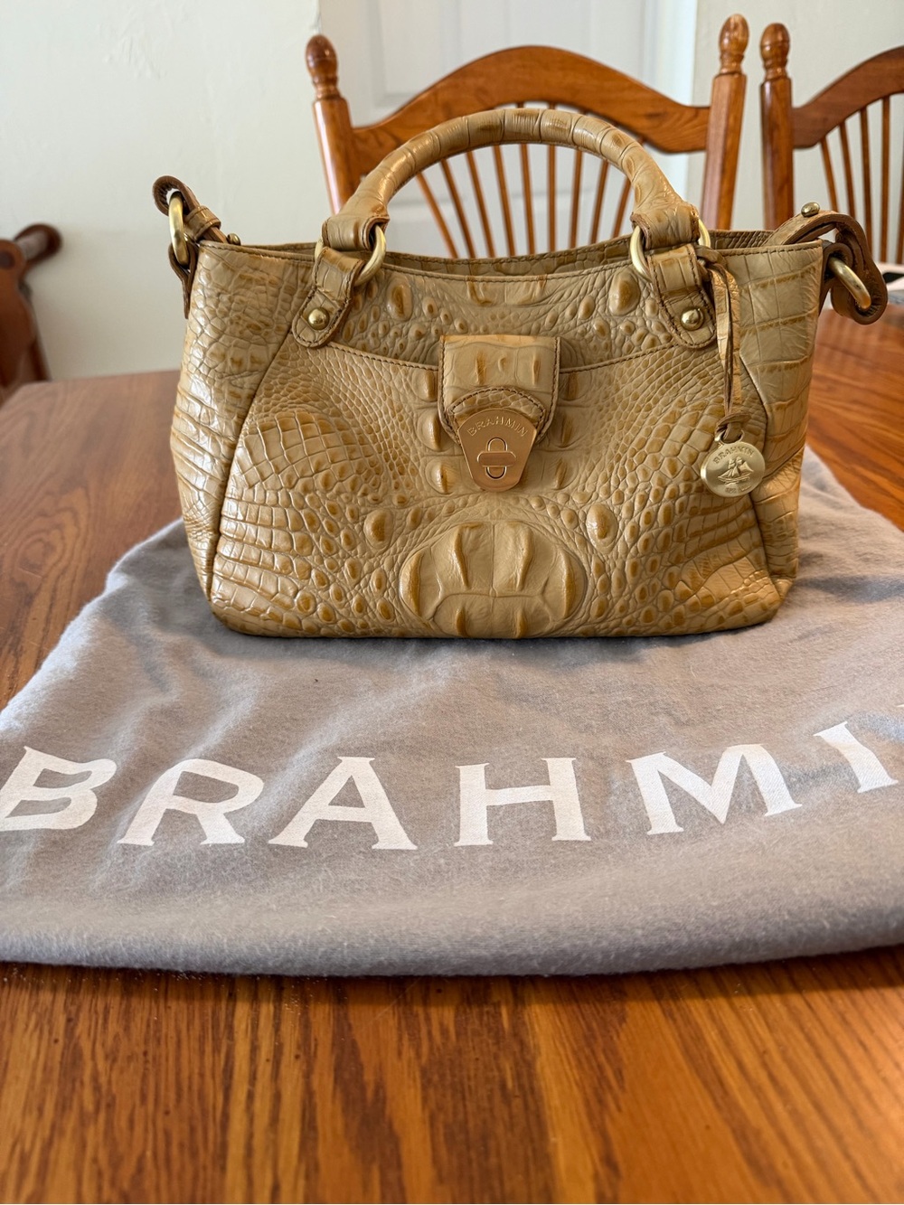 Brahmin Caramel Croc-Embossed Leather Satchel with Gold Hardware